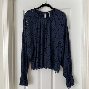 Free People navy lace ruffle cuff long sleeve blouse